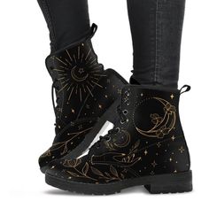 Moon And Flowers, Moon Flowers, Lace Up Boots Women, Combat Style, Vegan Leather Boots, Flowers Black, Boots Mens, Black Vegan