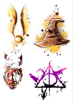 the harry potter symbols are painted in different colors and sizes, including one with a hat