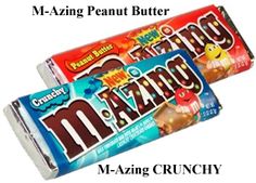 two candy bars sitting next to each other on top of a white background with the words mazingo written in large letters