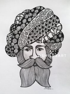 a black and white drawing of a man with a beard wearing a turban