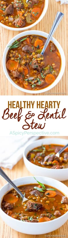 two bowls filled with beef and lentula soup on top of a wooden table