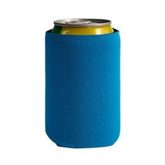 a blue can cooler sitting on top of a white table