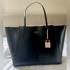 Excellent Condition. Perfect Work Bag, Fits A 15 Inch Laptop, Has A Top Zipper, Front Slide Pocket, And Multiple Zip Pockets Inside. I Love This Bag So Much But Since Wfh, It's Sat Unused In My Closet. 17 Inches Across At The Top 13 Inches Across At The Bottom 11 Inches Height Pink Interior, Interior Color, Work Bag, Large Tote Bag, Black Tote Bag, Kate Spade Bag, Large Tote, 11 Inches, Colorful Interiors