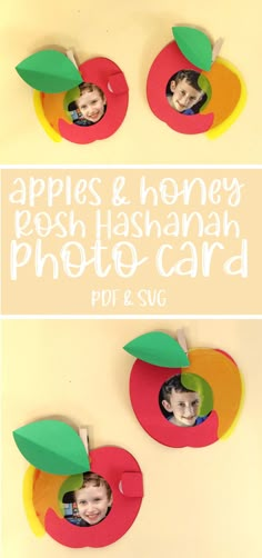 This adorable kids craft for Rosh Hashanah is an apple and honey card craft with a free template! Available as a PDF and SVG and can be made as a back to school photo magnet too Rosh Hashana Cards For Kids, Rosh Hashana Arts And Crafts, Rosh Hashanah Crafts Preschool