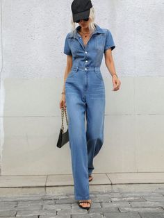 F00238750-103 Casual Full-length Denim Jumpsuit For Summer, Casual Full-length Jumpsuits For Fall, Summer Casual Full-length Denim Jumpsuit, Casual Full-length Jumpsuits And Rompers For Spring, Casual Full-length Denim Jumpsuit, Casual Fitted Jumpsuits And Rompers With Short Sleeves, Casual Full Length Solid Jumpsuits And Rompers, Solid Fitted Casual Denim Jumpsuit, Casual Fitted Solid Denim Jumpsuit