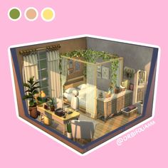 the room is decorated in pastel colors and has a bed, desk, chair, window, potted plant