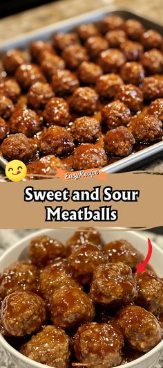 sweet and sour meatballs in a white bowl with the words, sweet and sour meatballs