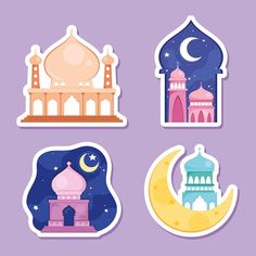 four stickers with mosques and moon in the night sky, on a purple background