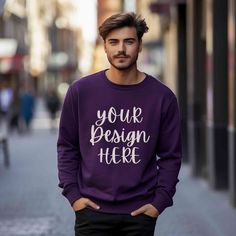 Elevate your sweatshirt designs with this premium Purple Gildan 18000 Sweatshirt Mockup! 🚀 Ideal for Etsy sellers and designers, this crewneck men model mockup will make your designs stand out effortlessly.  WHAT IS INCLUDED: 📸 1 high-resolution JPG image, for showcasing you designs beautifully.  Once your payment is confirmed, you'll receive the download link via Etsy email and also find it in your Etsy profile's purchase section.  HOW TO USE: Simply overlay your design onto the mockup using Customizable Crew Neck Sweater For Fall, Fall Crew Neck Sweater With Branding, Fall Crew Sweatshirt With Branding, Crewneck Men, Men Crewneck, Gildan Sweatshirt, Sweatshirt Mockup, Man Men, Sweater Men