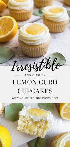 lemon cupcakes with white frosting and fresh citrus on top