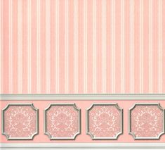 a pink and white wallpaper with four ornate frames on the bottom half of it