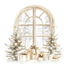 an open window with christmas presents in front of it