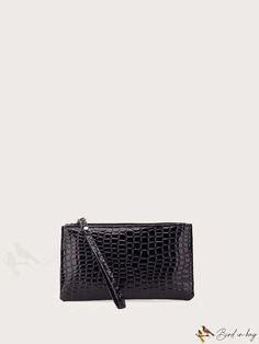 BirdinBag - Croc-Embossed Patent Leather Coin Purse with Zipper - Portable Multifunctional Clutch Wallet Black Handheld Clutch With Zipper Closure, Black Handheld Wallets With Zipper Closure, Black Handheld Wallet With Zipper Closure, Rectangular Wallets With Zipper Closure For Party, Party Wallets With Zipper Closure, Rectangular Party Wallets With Zipper Closure, Black Rectangular Clutch With Zipper Closure, Rectangular Wallets With Zipper Closure For Evening, Evening Rectangular Wallet With Zipper Closure