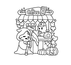 a black and white line drawing of a coffee shop with pumpkins on the ground