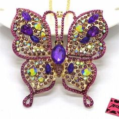 Betsey Johnson Gold White Crystal Butterfly Necklace Blue Green Purple Pink NWT | eBay Crystal Butterfly Necklace, Big Butterfly, Crystal Butterfly, Cute Butterfly, Necklace Blue, Butterfly Necklace, White Crystal, Colour List, Fashion Jewelry Necklaces