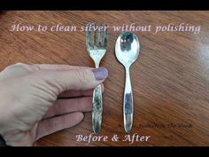 a person is holding two forks and spoons with the words how to clean silver without polishing before and after