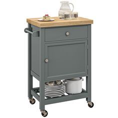 a gray kitchen cart with wooden top and two dishes on it's casteors