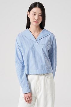 KOODING carries the latest 8seconds blouses. KOODING is the global leading shopping website in providing authentic Korean fashion, beauty and lifestyle items, including clothing, cosmetics, shoes, accessories, and bags in affordable, fast, easy, and safe way. Sailor Collar Tops For Spring Workwear, Blue Blouse With Striped Collar For Daywear, Blue Workwear Top With Striped Collar, Cotton Sailor Collar Top For Work, Fashion Blouses, Sailor Collar, Shopping Website, Beauty And Lifestyle, Crop Blouse