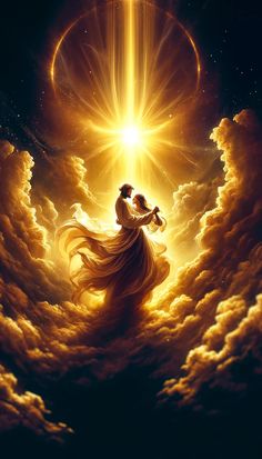 a man and woman standing in the clouds under a bright light, with their arms around each other