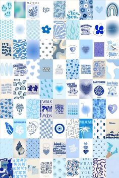 a collage of blue and white images with hearts, flowers, palm trees, water drops