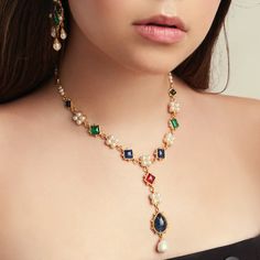 Cavill Pearl + Colored Stone Necklace | Ben-Amun Jewelry Elegant Jeweled Kundan Necklace For Party, Luxury Beaded Necklaces For Festive Occasions, Elegant Jeweled Gold-plated Necklaces, Elegant Jeweled Gold Plated Necklaces, Elegant Gold-plated Multi-stone Necklaces, Luxury Gold Jeweled Bridal Necklace, Elegant Jeweled Kundan Necklace For Gifts, Elegant Jeweled Kundan Necklace For Formal Occasions, Luxury Jeweled Bridal Necklace For Formal Occasions