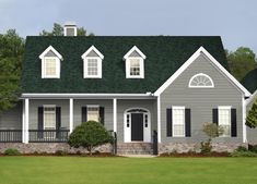 a white house with black shutters and green roof