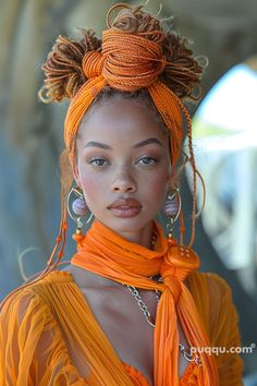 a woman wearing an orange head scarf and earrings