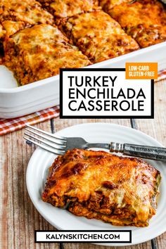 turkey enchilada casserole on a white plate with a fork next to it