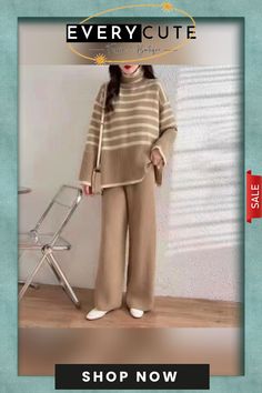 Casual Turtleneck Two-piece Sweater Suit Beige Winter Sets For Office Wear, Beige Winter Workwear Sets, Beige Casual Sets For Fall, Beige Long Sleeve Set For Fall, Elegant Beige Winter Set, Elegant Beige Winter Clothing Set, Casual Brown Winter Sets, Brown Long Sleeve Winter Sets, Striped Long Sleeve Casual Turtleneck