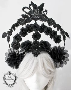 "♥♥Noir Romantique♥♥ \"Lilith\" An amazing and seductive headpiece to make a statement while wearing it! Perfect for a magnificent out of ordinary appearance!I usually make each headpece different from the others so that anyone who wears it feels really unique :) Set on a headband,a light construction that is worn easily and is stable.Decorated with black roses of different sizes ,black lace trim and rhinestones .It is set on a headbands and it's stable. It will be sent in a box carefully wrappe Black Roses, Black Lace Trim, Flower Headpiece, Japanese Architecture, Gothic Wedding, Head Piece, Fashion Inspiration Design, Turbans, Flower Headband