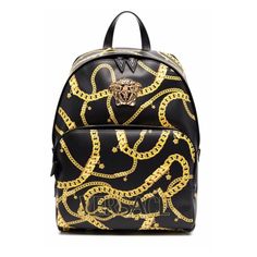 A One-Of-A-Kind Versace La Medusa $ Chain Print Backpack Authentic Rare, Sold Out In Stores And Online New, With Tags And A Dust Bag This Stylish Backpack Is Crafted Of Black Lamb Leather With A Signature Gold Chain Print Throughout. This Bag Features Adjustable Padded Shoulder Straps And A Front Zipper Pocket With A Versace Iconic Gold Medusa Medallion At The Front. The Zipper Opens To A Spacious Black Fabric Interior. Patch Pocket At Interior Zip Pocket At Interior Twill Lining Measurements: H Luxury Backpack With Logo Hardware For Everyday Use, Luxury Backpack For Everyday Use With Logo Hardware, Luxury Travel Bags With Logo Hardware, Luxury Leather Backpack With Branded Hardware, Gold Travel Bags With Logo Hardware, Luxury Travel Bag With Logo Hardware, Luxury Backpack With Branded Hardware, Luxury Standard Backpack With Branded Hardware, Luxury Backpack With Gold-tone Hardware For Formal Occasions