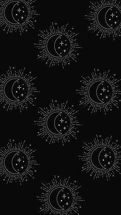 black and white sun and moon wallpaper with stars in the sky on a dark background