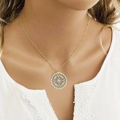 "BIG circle necklace with Filigree Gold medallion | gold rosette necklace | Large dainty Pendant | Boho Jewelry for women| elegant necklace ♡ DESCRIPTION Very elegant, eye catchin necklace with stunning filigree, cut-out round geometric disc hanging on a cute satelite chain . Available as earrings and in sterling silver 925. ♡ DETAILS Disc: 1.18\"\" (3 cm) length : 45 or 50 cm- 17.71\" or 19.68\" Material: 24k gold plated 925 Sterling Silver The jewelry is made entirely of 925 sterling silver or Elegant Gold Medallion Necklace With Flower Pendant, Bohemian Round Charm Necklaces, Gold-plated Medallion Necklace With Clavicle Chain, Gold Plated Medallion Necklace With Clavicle Chain, Dainty Necklaces With Coin Pendant, Elegant Flower Pendant Chain Necklace, Elegant Gold Plated Medallion Necklace, Elegant Round Pendant Coin Necklace, Bohemian Necklace With Delicate Chain And Round Pendant