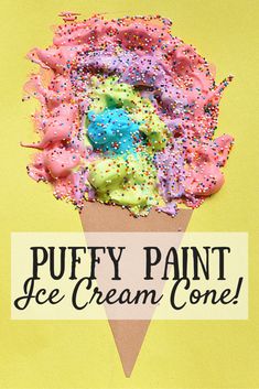 an ice cream cone with sprinkles on it and the words puffy paint ice cream cones