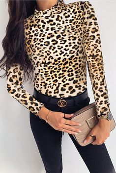 High Neck Leopard Long Sleeve Top Leopard Print Crew Neck Top For Winter, Stretch Leopard Print Tops For Fall, Spring Leopard Print Stretch Top, Leopard Print Stretch Tops For Spring, Spring Stretch Leopard Print Tops, Leopard Bodysuit, Cheetah Style, Autumn Pattern, Tops Long Sleeve