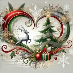 a heart shaped christmas card with an image of a deer and tree in the center