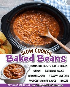 the recipe for slow cooker baked beans is shown in front of an image with text