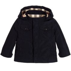 BURBERRY Navy Blue Hooded Showerproof Baby Jacket Navy Blue Coat, Blue Coats, Toddler Outfits