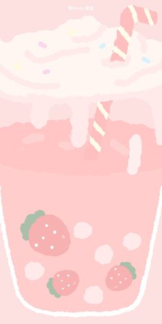 a pink drink with strawberries on the side and a candy cane sticking out of it