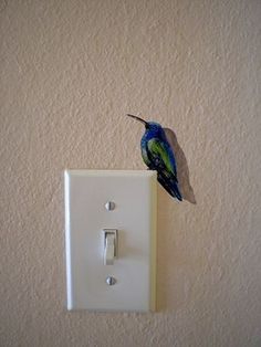 a small bird sitting on top of a light switch