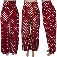 Red Polka Dot Wide Leg Bell-bottomed Pants Non-stretch Polka Dot Summer Bottoms, Casual Wide Leg Polka Dot Pants, Casual Polka Dot Wide Leg Pants, Casual Wide-leg Polka Dot Pants, Polka Dot Wide Leg Pants With Elastic Waistband, Polka Dot Wide-leg Pants With Elastic Waistband, High Waist Polka Dot Bottoms With Elastic Waistband, Polka Dot High Waist Bottoms With Elastic Waistband, Polka Dot Wide Leg Bottoms With Pockets