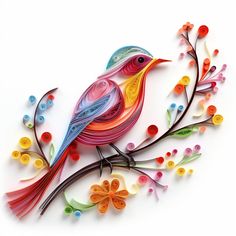 a colorful bird sitting on top of a tree branch with leaves and flowers around it