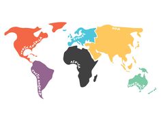 the world map with all countries and their names in different colors, including blue, yellow, red, green, orange