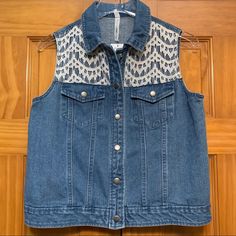 Ny Collection Denim Vest Size Small New With Tags Lace Detail 01/01 Blue Denim Vest With Button Closure For Spring, Blue Button-up Denim Vest For Spring, Vintage Denim Vest, Duster Vest, Jean Vest, Long Vests, Faux Fur Vests, Leather Vest, Fur Vest