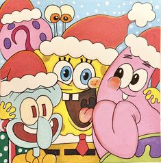 the spongebob christmas card has been drawn with colored pencils