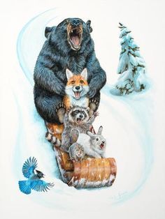 an image of a bear and other animals on a sleigh in the snow