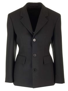 "Hourglass" blazer from Balenciaga in black wool twill, model with darts, lapel collar, flap pockets, silk lining, three front buttons. Balenciaga Blazer, Hourglass Jacket, Hourglass Blazer, Blazer For Women, Versace Designer, Cool Ties, Best Wallet, Black Blazer, Shirt Skirt