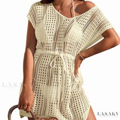 Lasaky - Knitted Solid Color Beach Skirt with Stylish Hollow-out Design - Sun Protection Cover-Up for Bikini Swimsuit Summer Beige Knit Cover-up, Stretch Crochet Beach Dress, Casual Crochet Dress With Short Sleeves For Summer, Casual Beige Crochet Dress For Beach Season, Crochet Dress For Beach Vacation, Beach Season Crochet Dress For Vacation, Beige Crochet Beachwear Dress For Vacation, Stretch Crochet V-neck Dress For Vacation, Stretch Crochet Dress With Open Knit For Beach