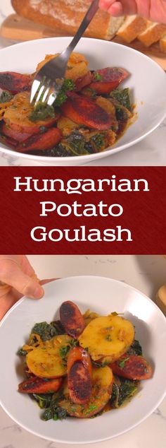 there is a white plate with food on it and the words hungarian potato goulash