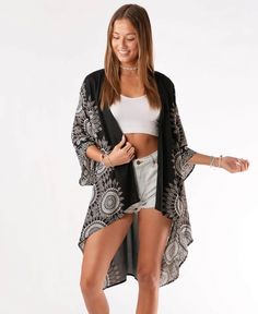 Black Kimono | Mandala Cover Up | Soul Flower Black Stretch Cover-up For Beach Season, Black Spring Festival Cover-up, Black Beachwear Cover-up For Spring, Black Stretch Cover-up For Spring, Black Stretch Spring Cover-up, Black Stretch Casual Cover-up, Casual Black Stretch Cover-up, Stretch Cover-up For Summer Festivals, Fitted Black Cover-up For Summer